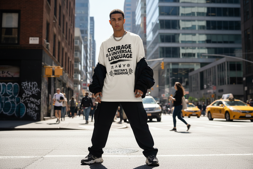 Tristan’s Treehouse Courage is a Universal Language – T-Shirt — detail close-up