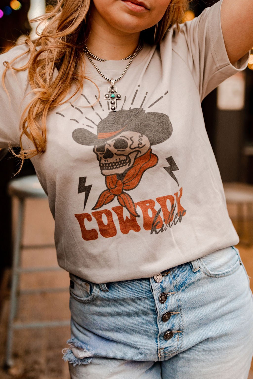 Wild Junkie Cowboy Killer Skull Graphic Tee — side view