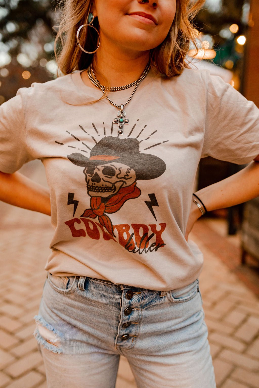 Wild Junkie Cowboy Killer Skull Graphic Tee — detail close-up