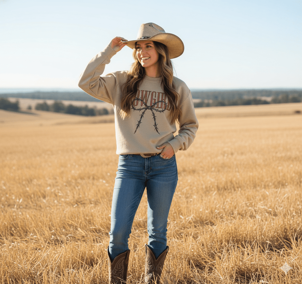 Wild Junkie Cowgirl Barbed Wire Bow Graphic Sweatshirt — construction detail