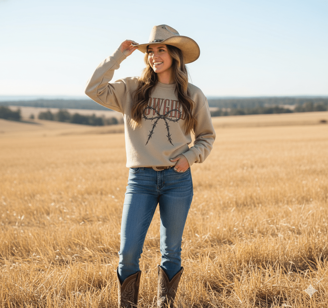 Wild Junkie Cowgirl Barbed Wire Bow Graphic Sweatshirt — construction detail