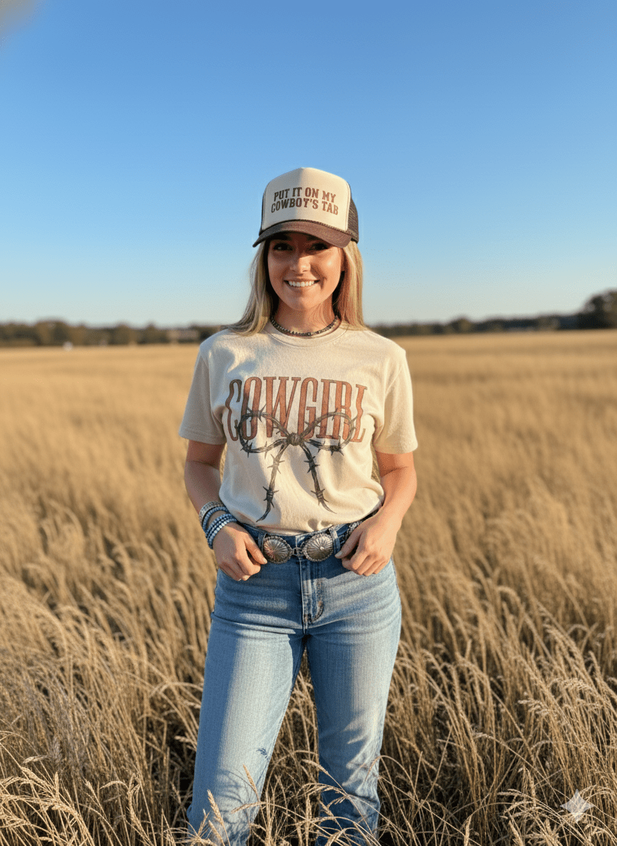 Wild Junkie Cowgirl Barbed Wire Bow Graphic Tee — construction detail