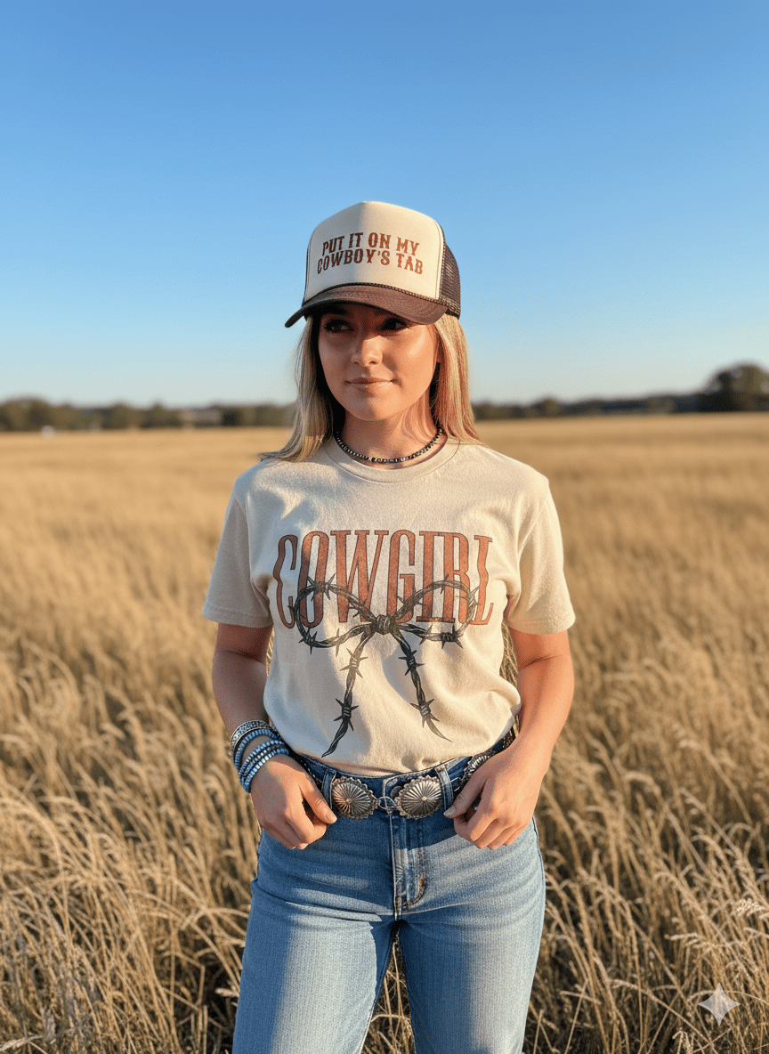 Wild Junkie Cowgirl Barbed Wire Bow Graphic Tee — graphic tees category context