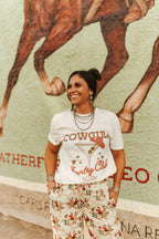 Wild Junkie Cowgirl Country Club Graphic Tee — Wild Junkie branding close-up