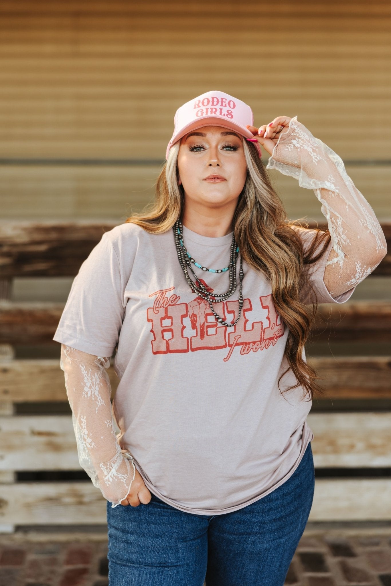 Wild Junkie Pink Hell I Won't Cowgirl Graphic Tee — detail close-up