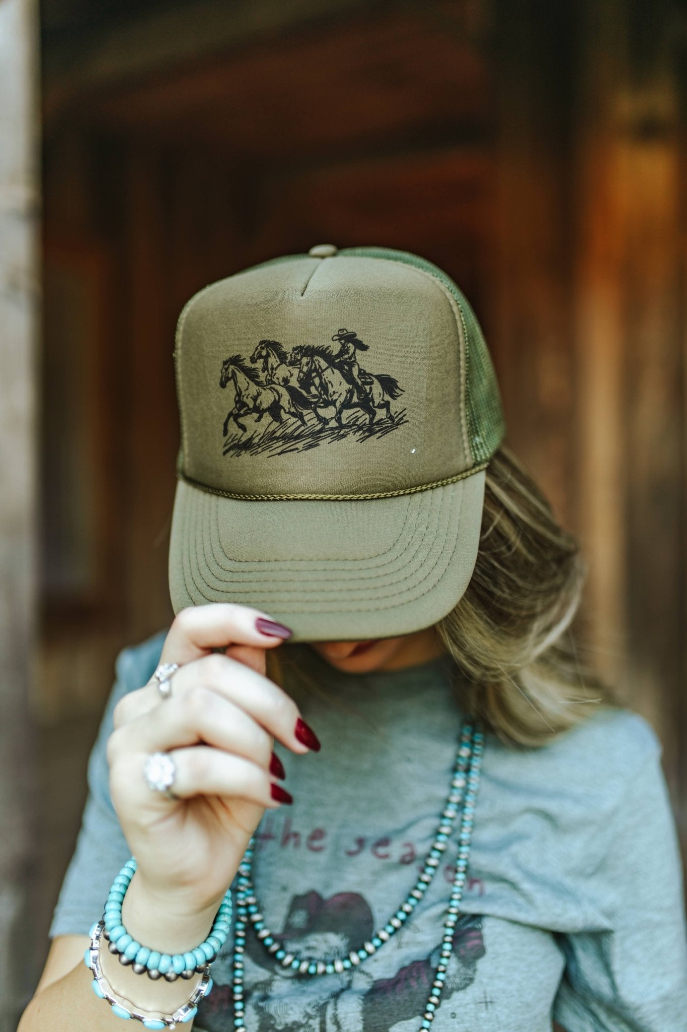 Wild Junkie Cowgirl Rider Trucker Hat — detail close-up