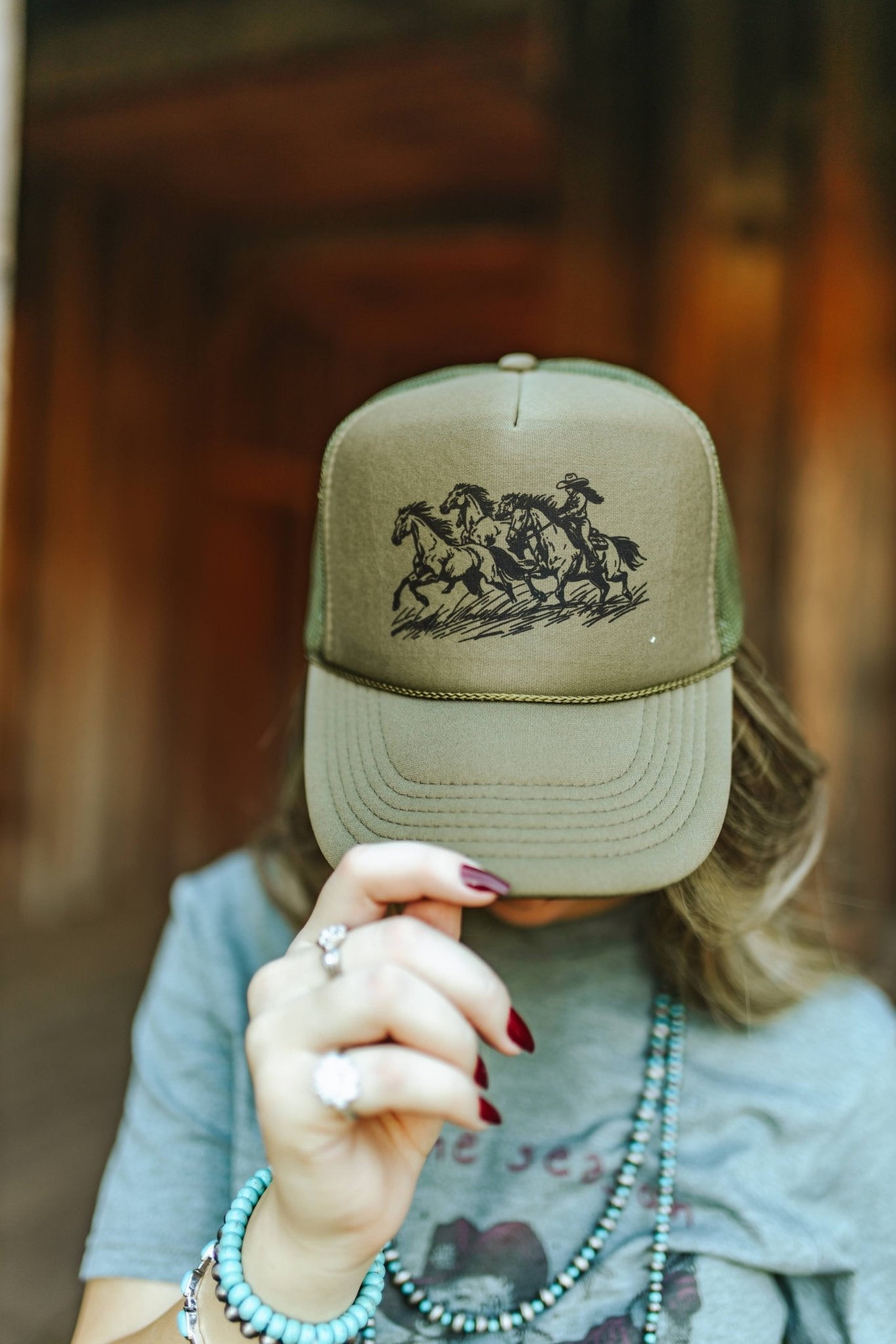 Wild Junkie Cowgirl Rider Trucker Hat — lifestyle context