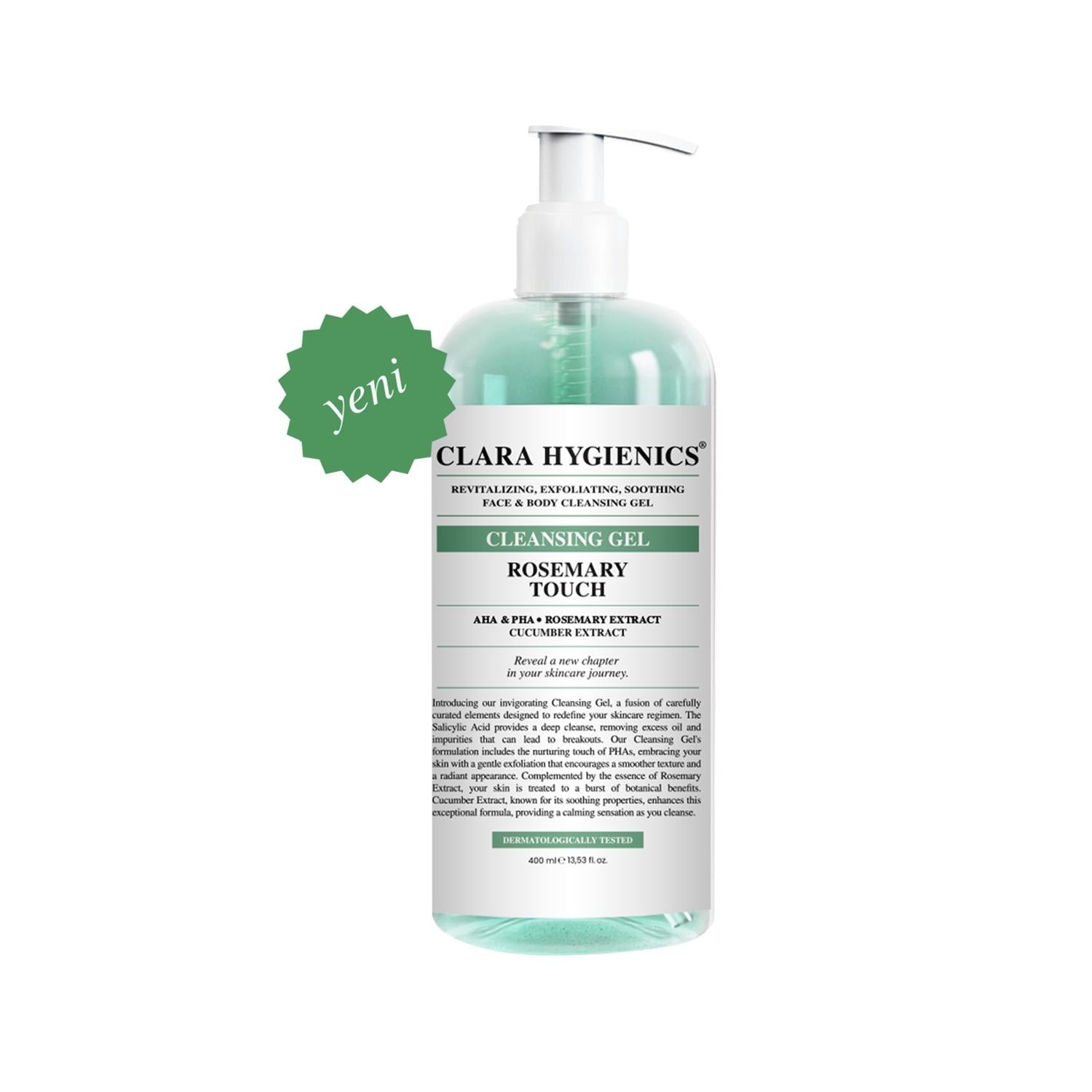 Clara Hygienics Vegan Face and Body Cleansing Gel with Rosemary Extract - 400ml, Natural Skin Tone Balancing & Dead Cell Removal
