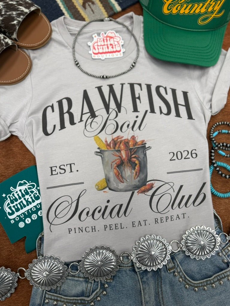 Wild Junkie Crawfish Boil Social Club Graphic Tee — Wild Junkie branding close-up
