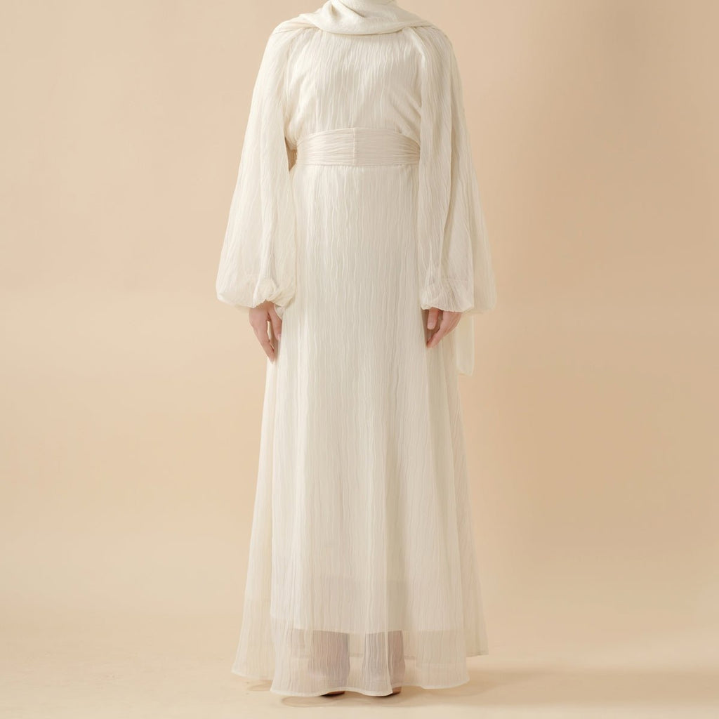 Mariam's Collection Cream White Puff Sleeves Abaya |  Pleat Textured Maxi Dress Abaya (MA152) — product category context
