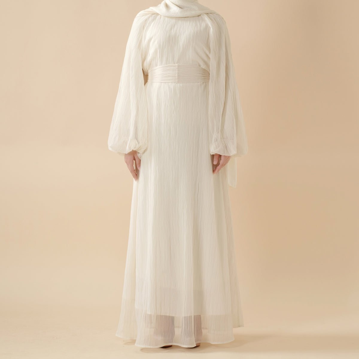 Mariam's Collection Cream White Puff Sleeves Abaya |  Pleat Textured Maxi Dress Abaya (MA152) — product category context