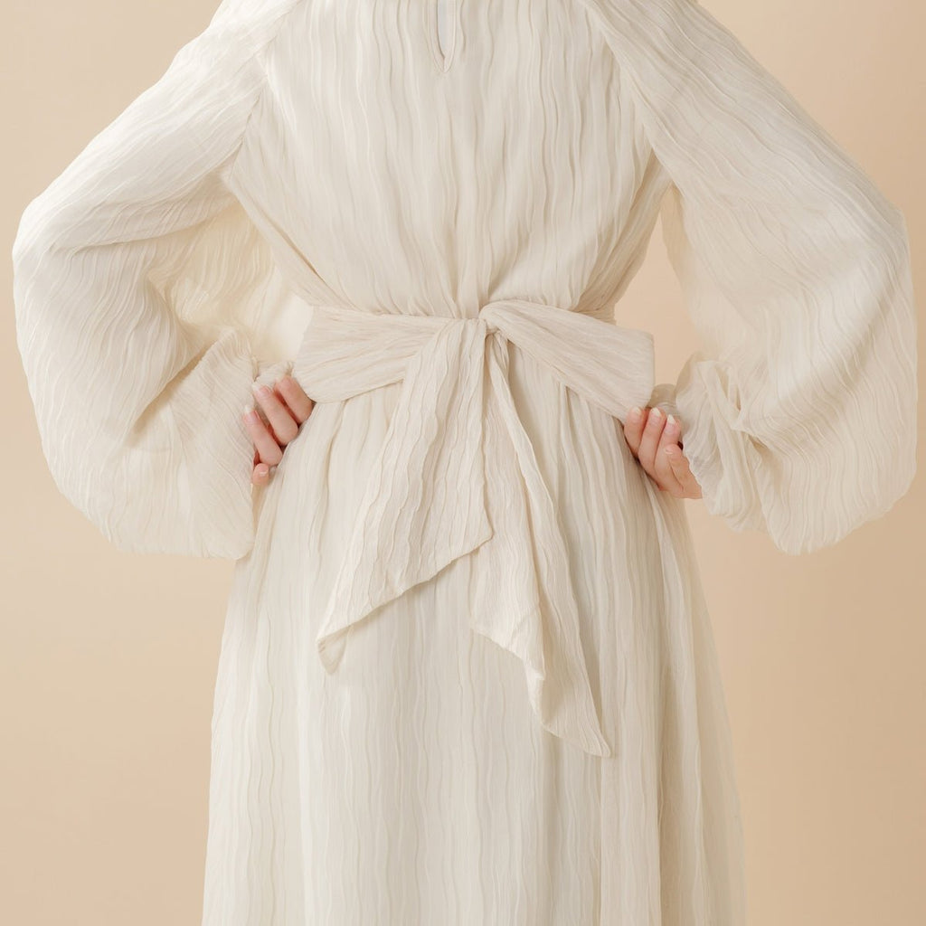Mariam's Collection Cream White Puff Sleeves Abaya |  Pleat Textured Maxi Dress Abaya (MA152) — Cream detail