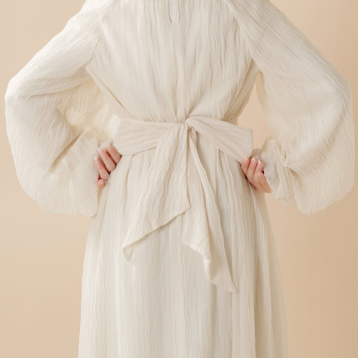 Mariam's Collection Cream White Puff Sleeves Abaya |  Pleat Textured Maxi Dress Abaya (MA152) — Cream detail