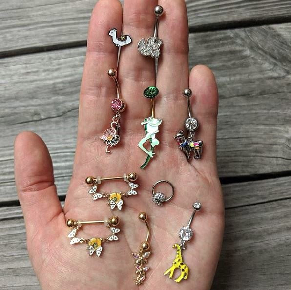 BodyCandy Clear CZ Gem Colorful Drama Llama Dangle Belly Ring — detail close-up