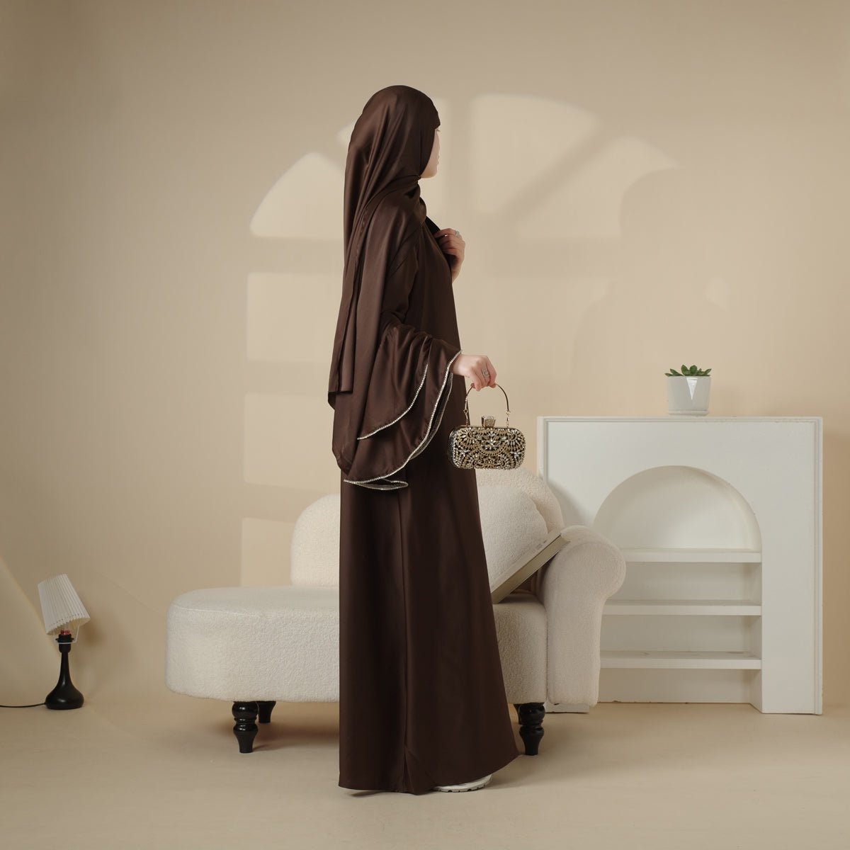 Mariam's Collection Crepe Satin Ruffle Sleeve Abaya, 5-Piece Set (MOA033) — back view