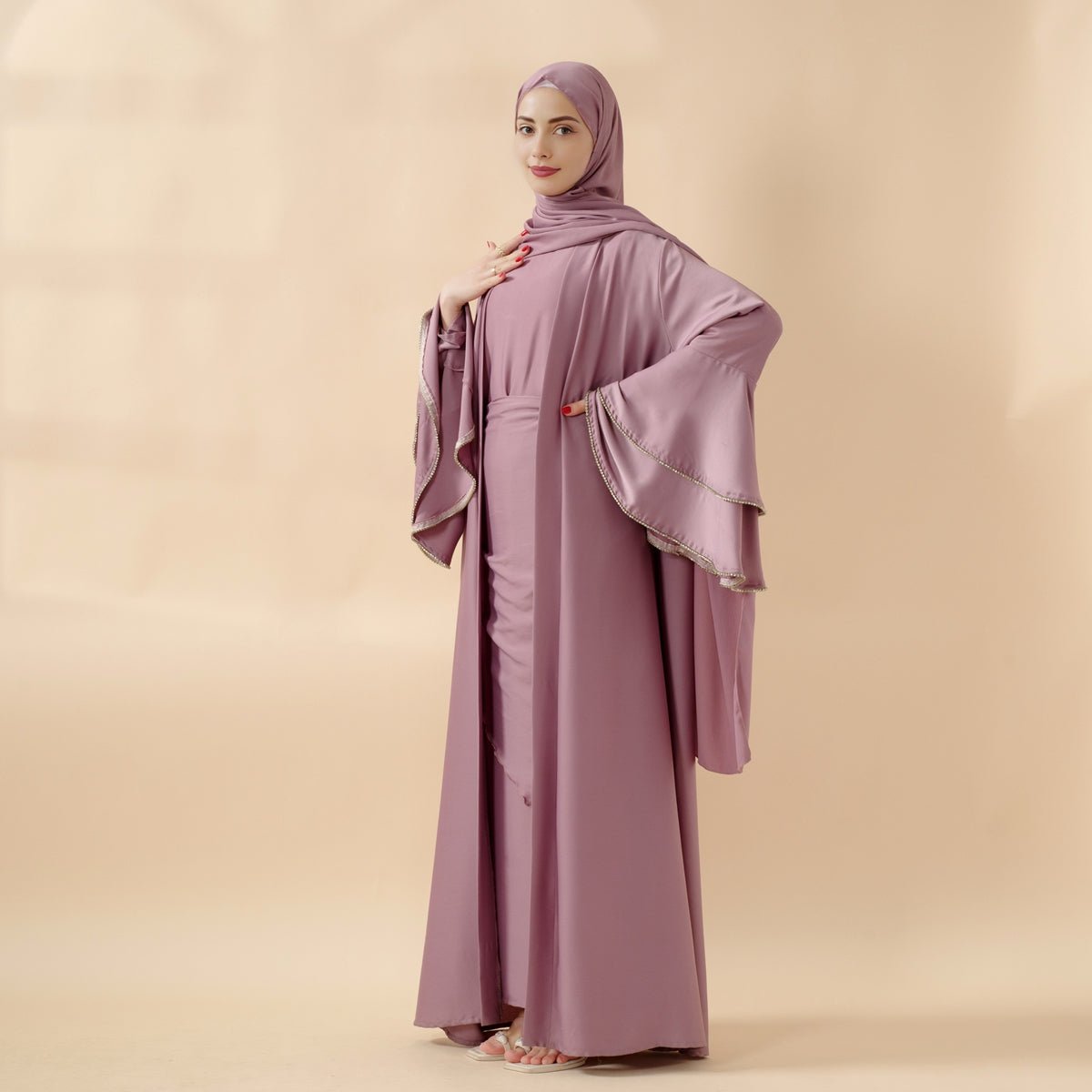 Mariam's Collection Crepe Satin Ruffle Sleeve Abaya, 5-Piece Set (MOA033) — construction detail