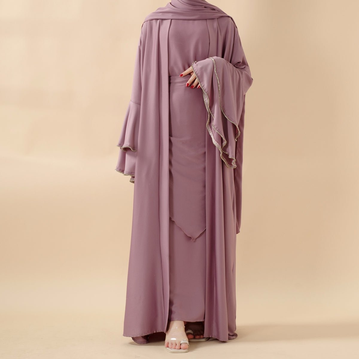 Mariam's Collection Crepe Satin Ruffle Sleeve Abaya, 5-Piece Set (MOA033) — comparison shot