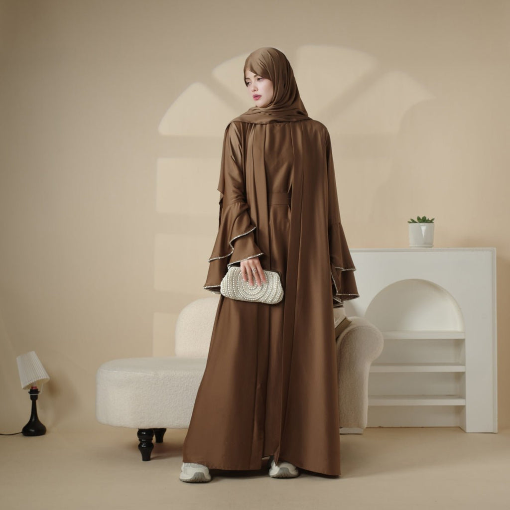 Mariam's Collection Crepe Satin Ruffle Sleeve Abaya, 5-Piece Set (MOA033) — product on model