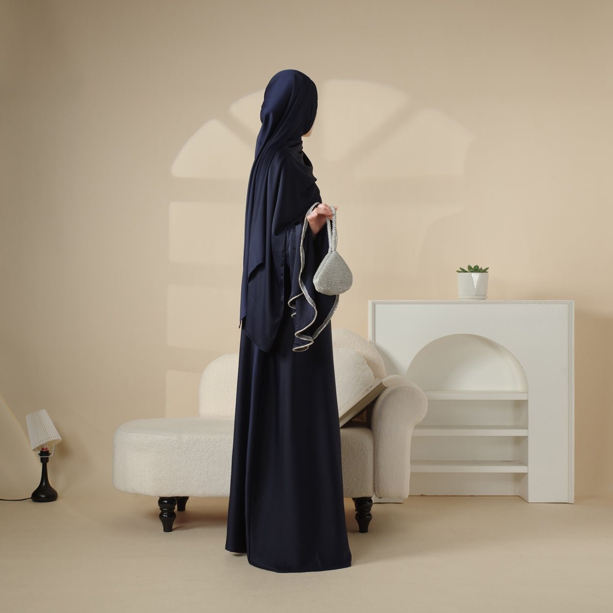 Mariam's Collection Crepe Satin Ruffle Sleeve Abaya, 5-Piece Set (MOA033) — in-use photo