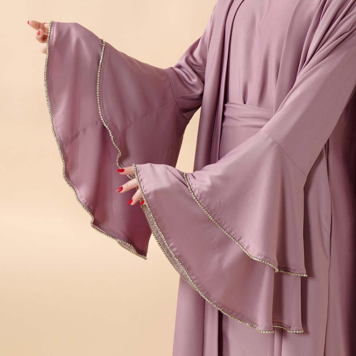 Mariam's Collection Crepe Satin Ruffle Sleeve Abaya, 5-Piece Set (MOA033) — Mariam's Collection branding close-up