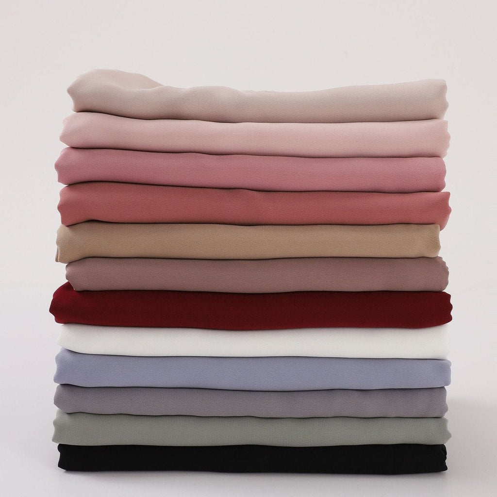 Mariam's Collection Crinkle-Resistant Long Hijab Silk-Like Hijab (MH154) — flat-lay composition