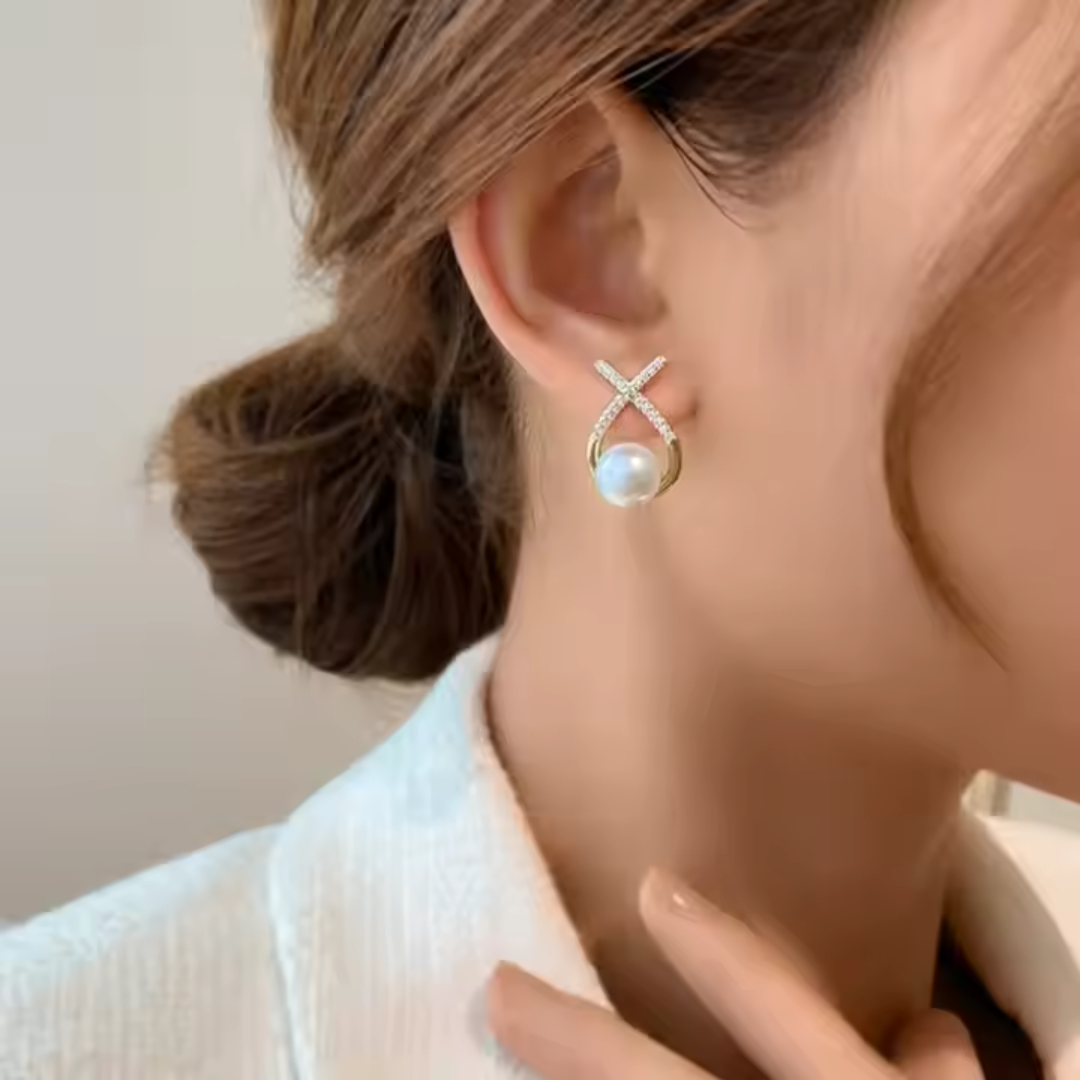 SORI STYLE Elegant Gold Plated Pearl Stud Cross Earrings — detail close-up