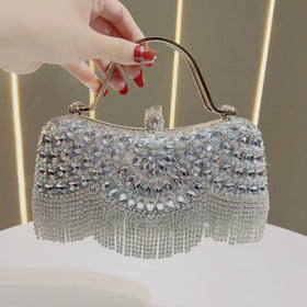 Crystal-Embellished Clutch Bag with Tassels – Versatile Evening Purse for…