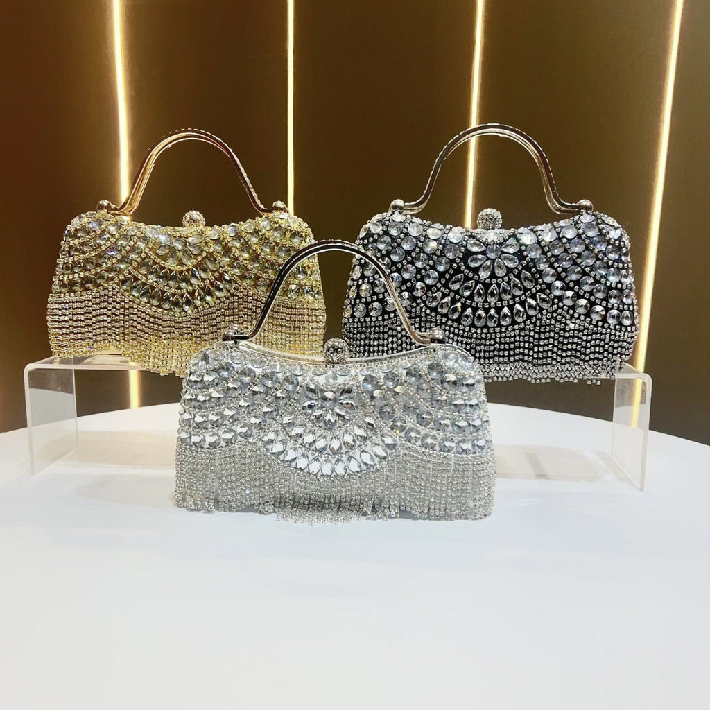 Mariam's Collection Crystal-Embellished Clutch Bag with Tassels – Versatile Evening Purse for… — construction detail