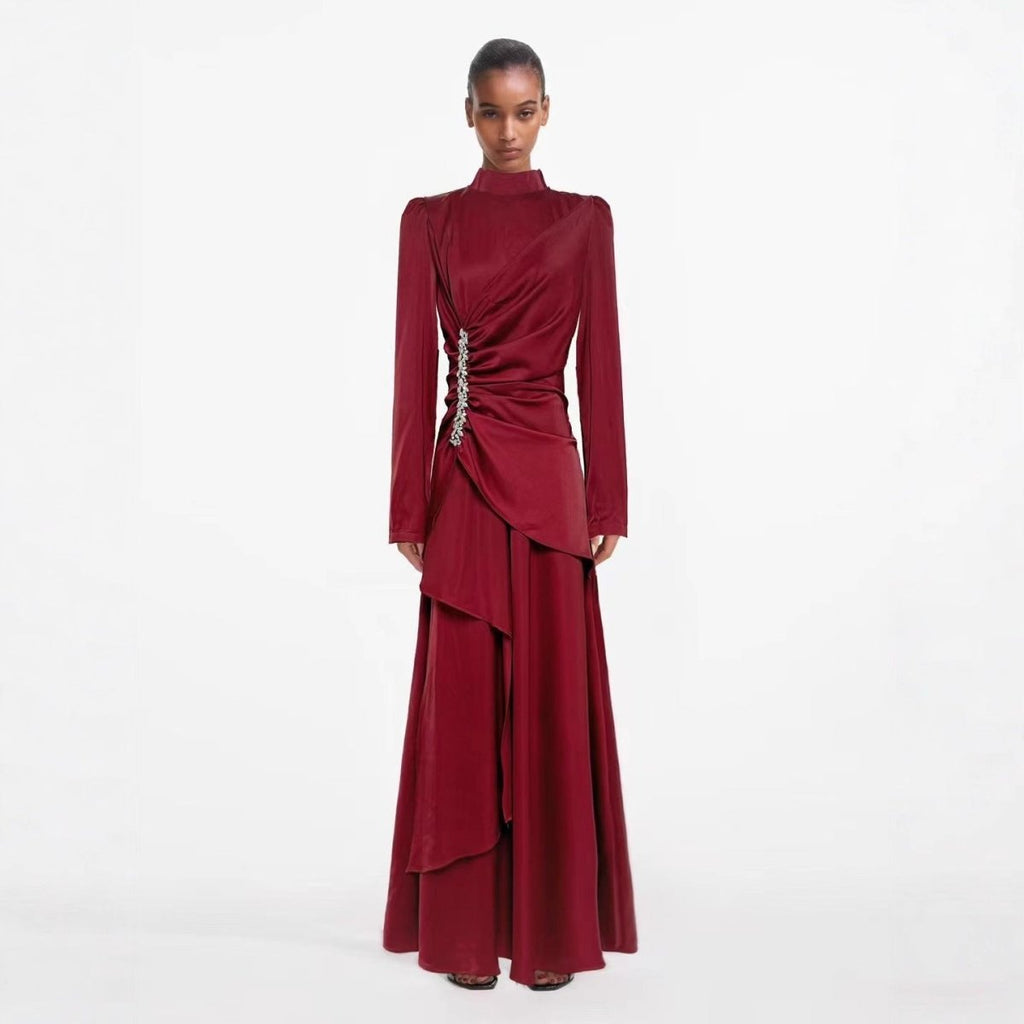 Crystal-Embellished Ruched Dress with Asymmetric Ruffle Skirt(MS346)