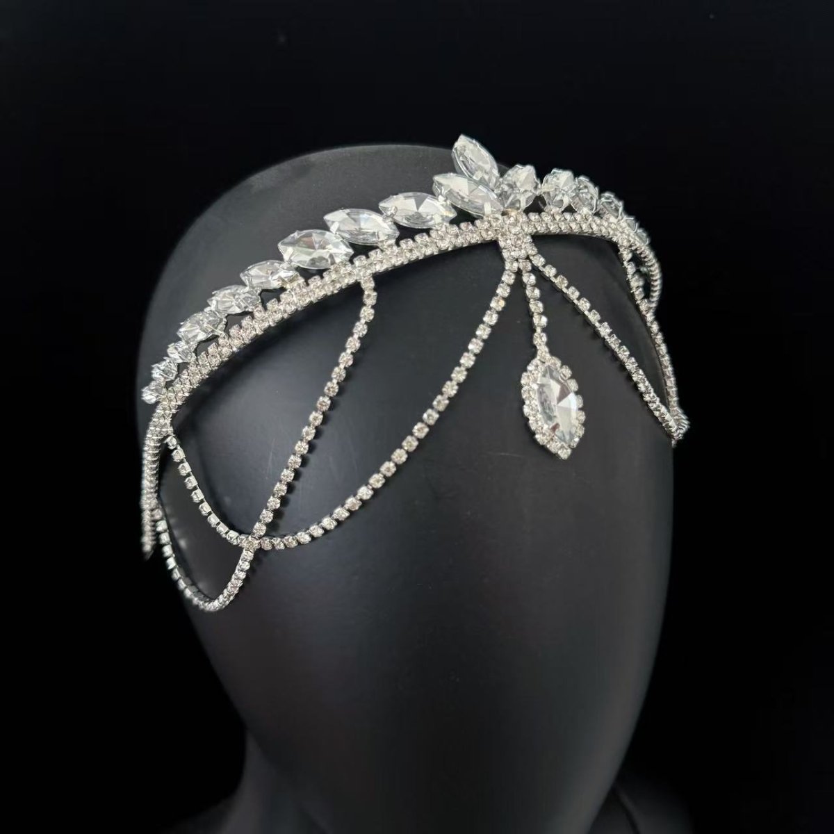 Mariam's Collection Crystal Tiara Headband with Cascading Forehead Chain (MAC330) — detail shot 6