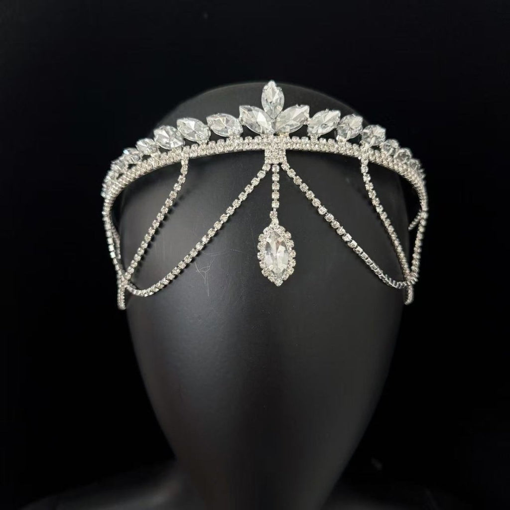 Mariam's Collection Crystal Tiara Headband with Cascading Forehead Chain (MAC330) — Mariam's Collection branding close-up