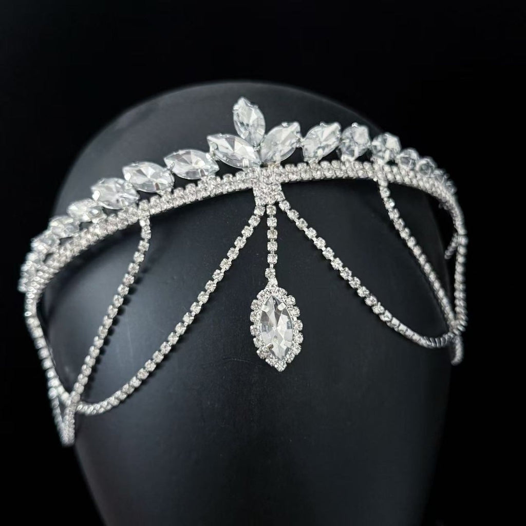 Mariam's Collection Crystal Tiara Headband with Cascading Forehead Chain (MAC330) — construction detail
