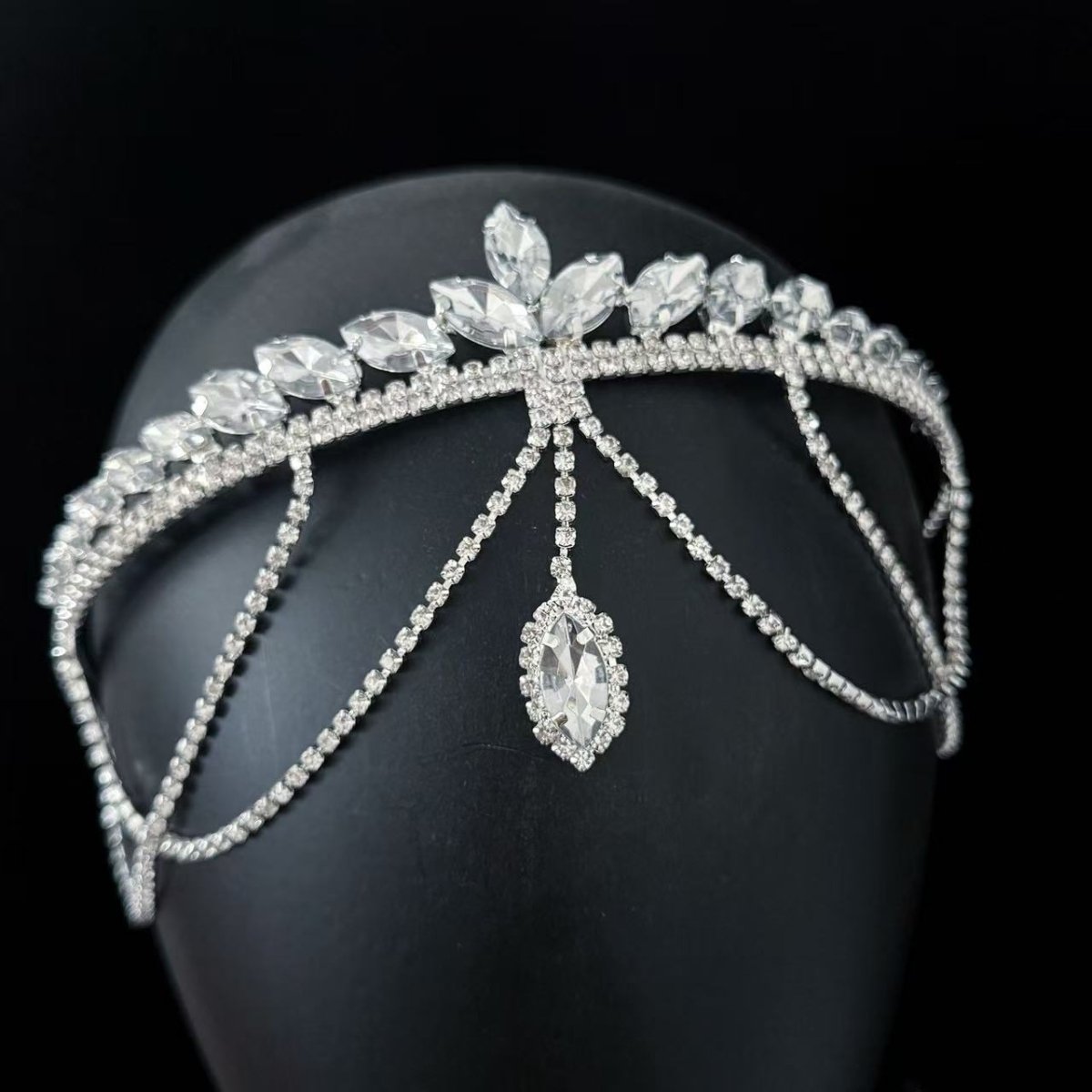 Mariam's Collection Crystal Tiara Headband with Cascading Forehead Chain (MAC330) — construction detail
