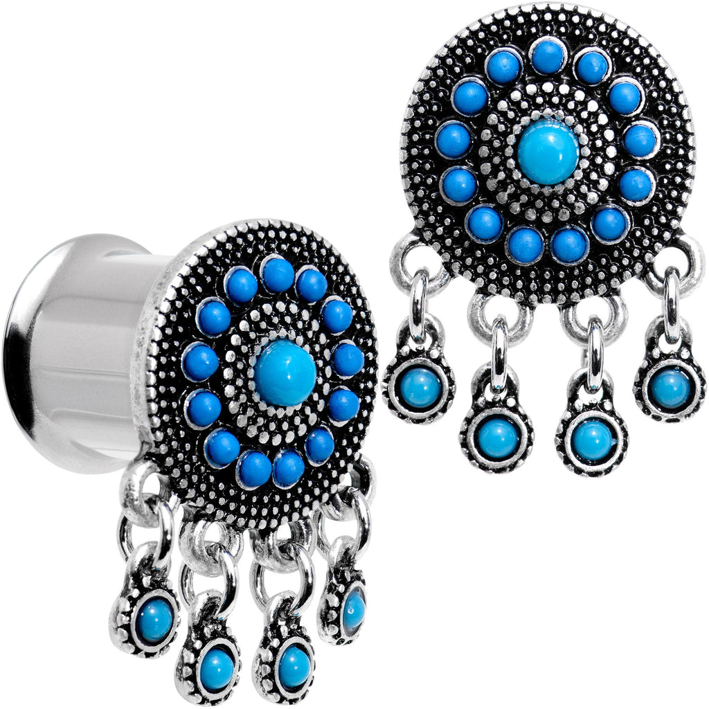 BodyCandy Southwest Blue Drum Dreamcatcher Dangle Double Flare Plug Set 6mm to 25mm — back view