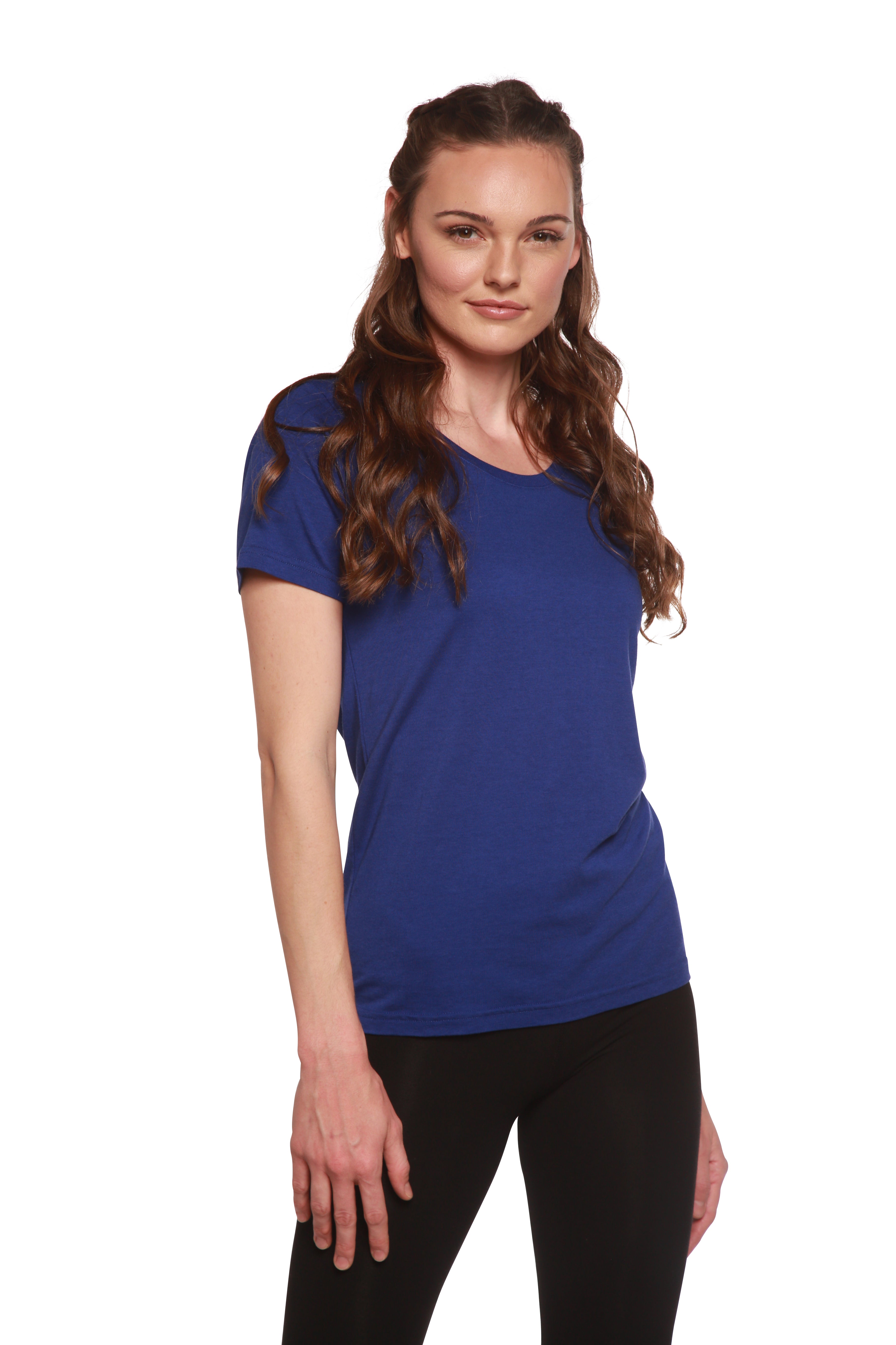 Spun Bamboo Custom Printed Women's Bamboo/Cotton Short Sleeve Scoop Neck Graphic T-Shirt — flat-lay composition