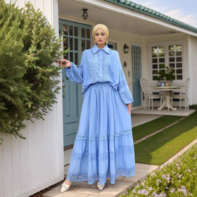 Cutwork Lace Blouse & Tiered Maxi Skirt Set (MS375)