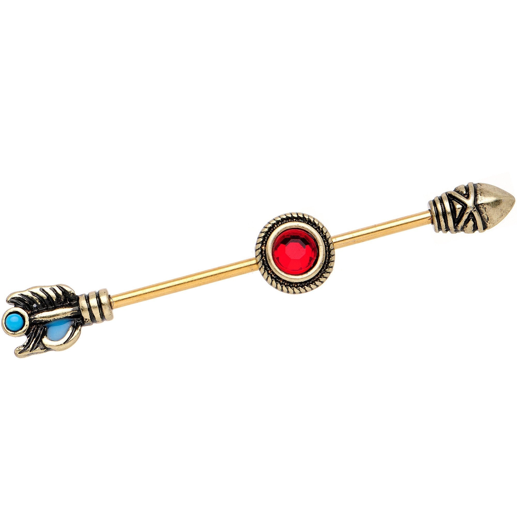 BodyCandy Red Gem Gold PVD Southwestern Sacred Spear Industrial Barbell 38mm — main product shot