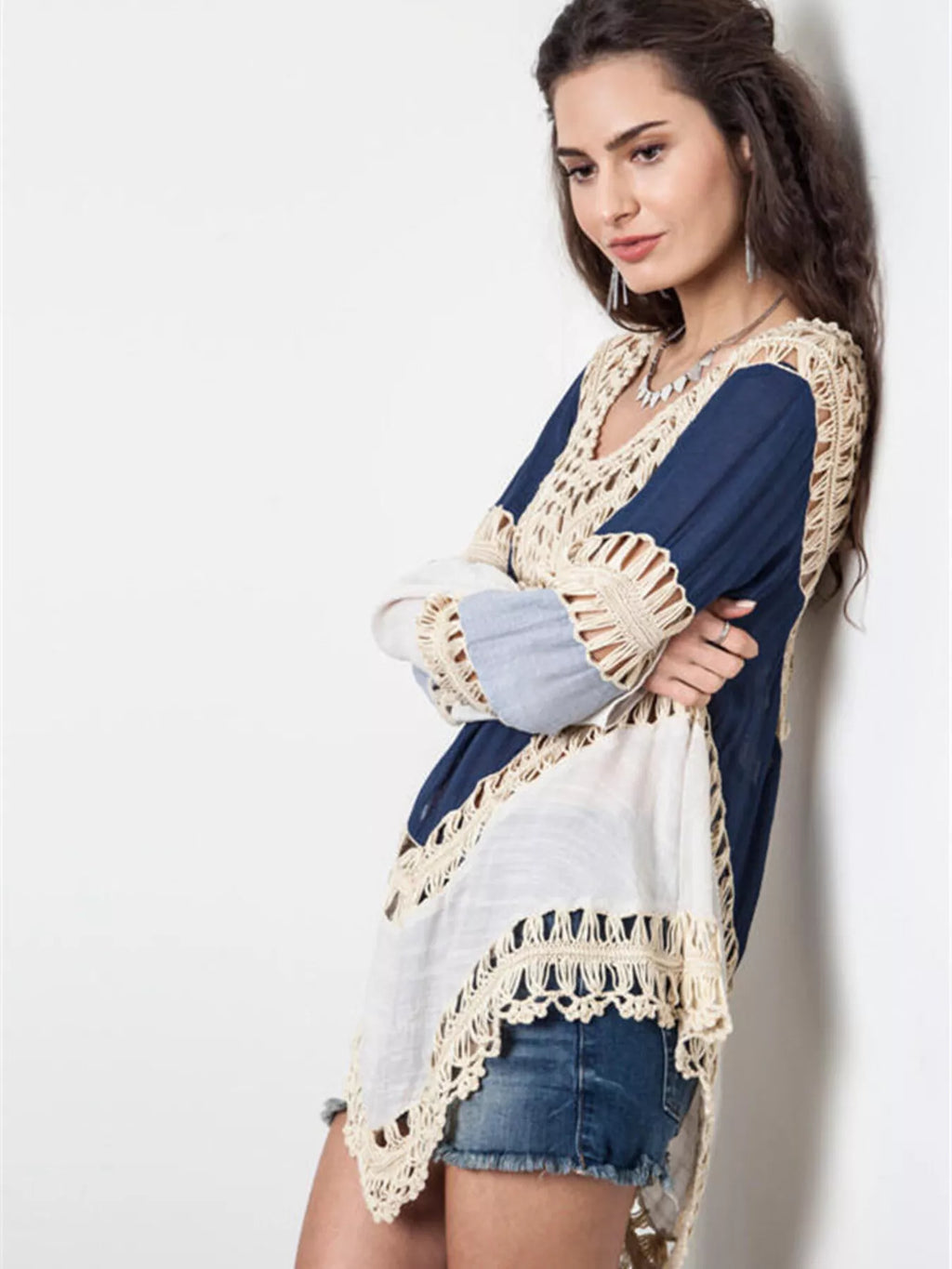 Crochet Trimmed Long Sleeve Cover Up