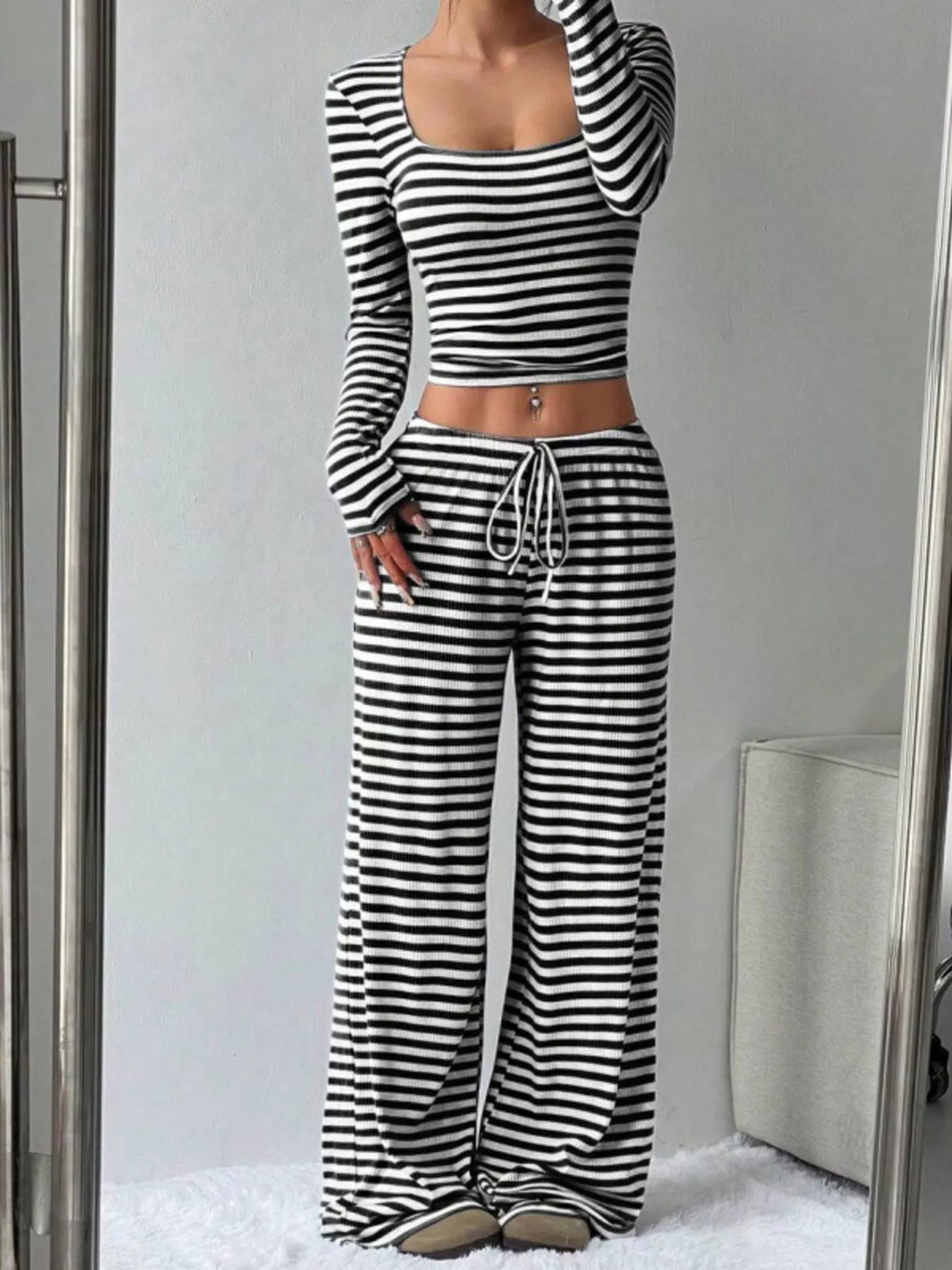 Striped Long Sleeve Crop Top & Wide Leg Pants Set