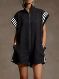 Striped Zip Front Short Sleeve Romper