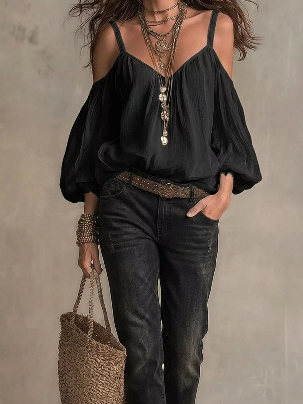 Cold Shoulder Balloon Sleeve Blouse