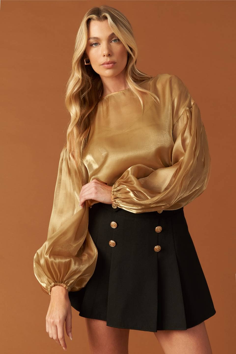 KADOU BOUTIQUE Drop Shoulder Bronze Blouse — lifestyle context