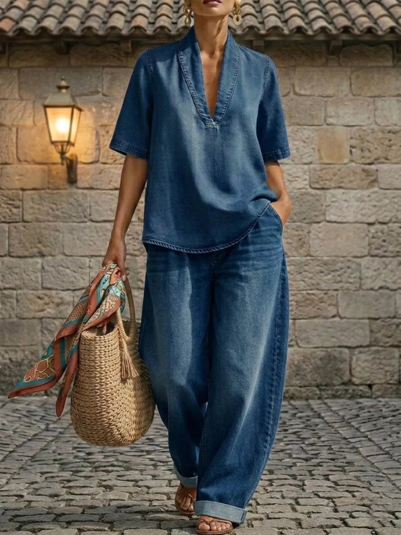 Full Size Half Sleeve Top and Wide Leg Pants Set Plus Size