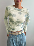 Floral Print Sheer Mesh Long Sleeve T-Shirt