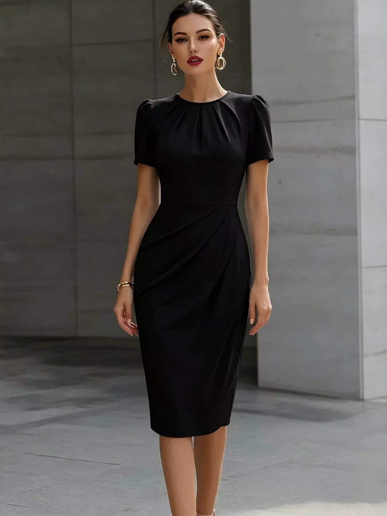 Ruched Short Sleeve Midi Dress