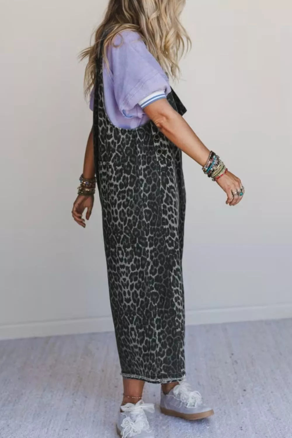 Leopard Print Button Adjustable Straps Cropped Loose Denim Overalls