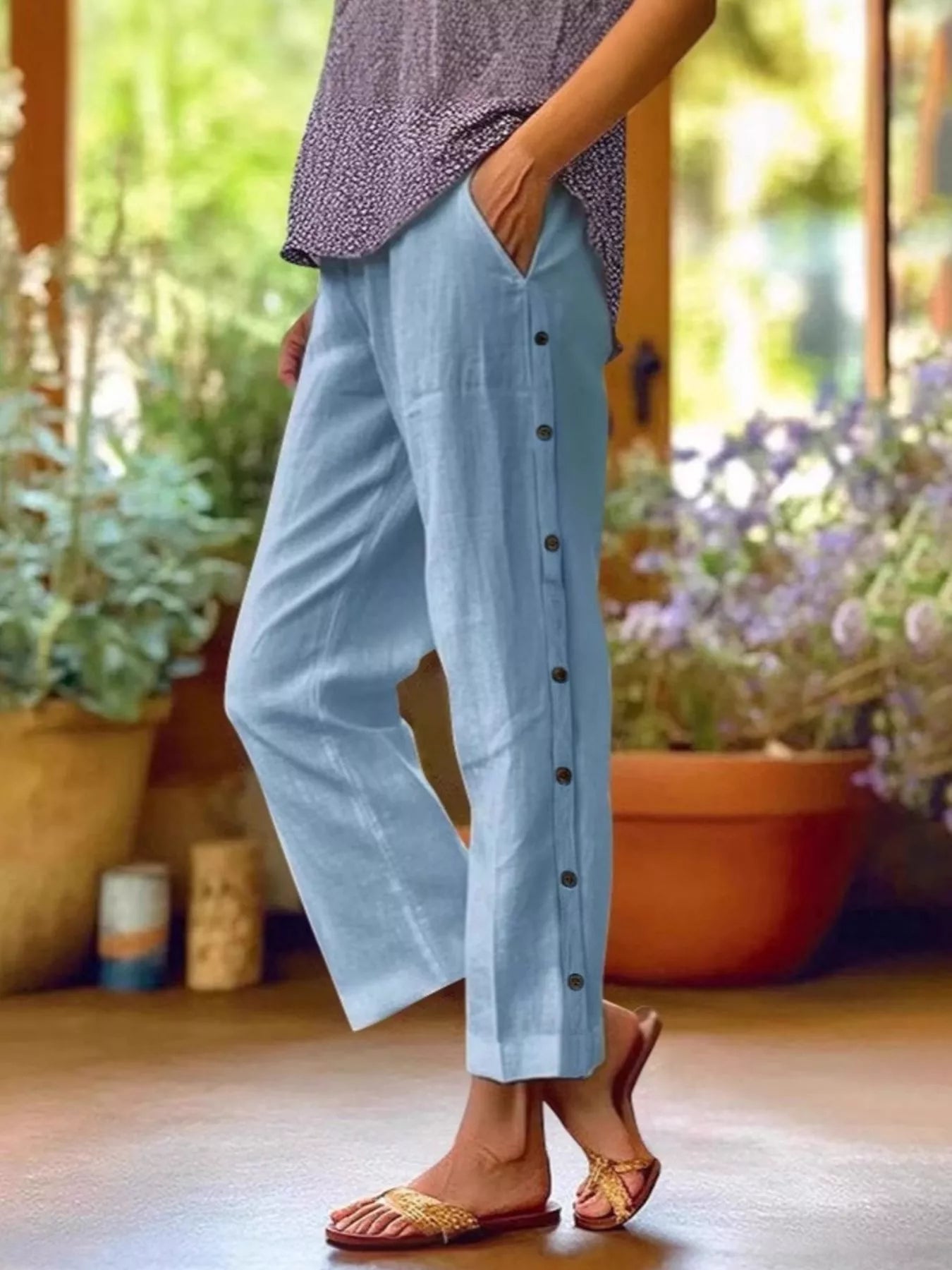 Full Size Side Button Decor Pants Plus Size