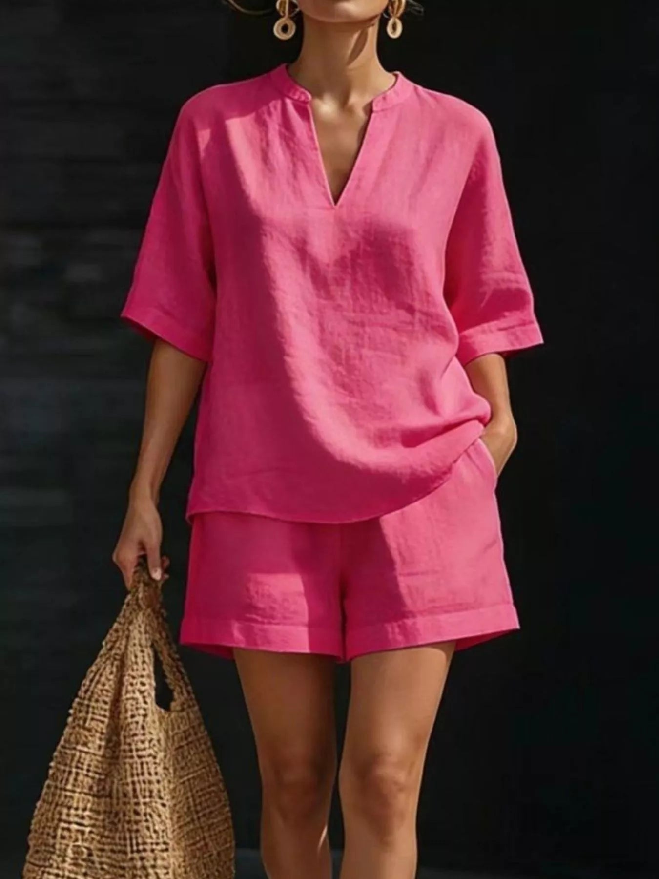 Full Size Notched Half Sleeve Top and Shorts Set Plus Size