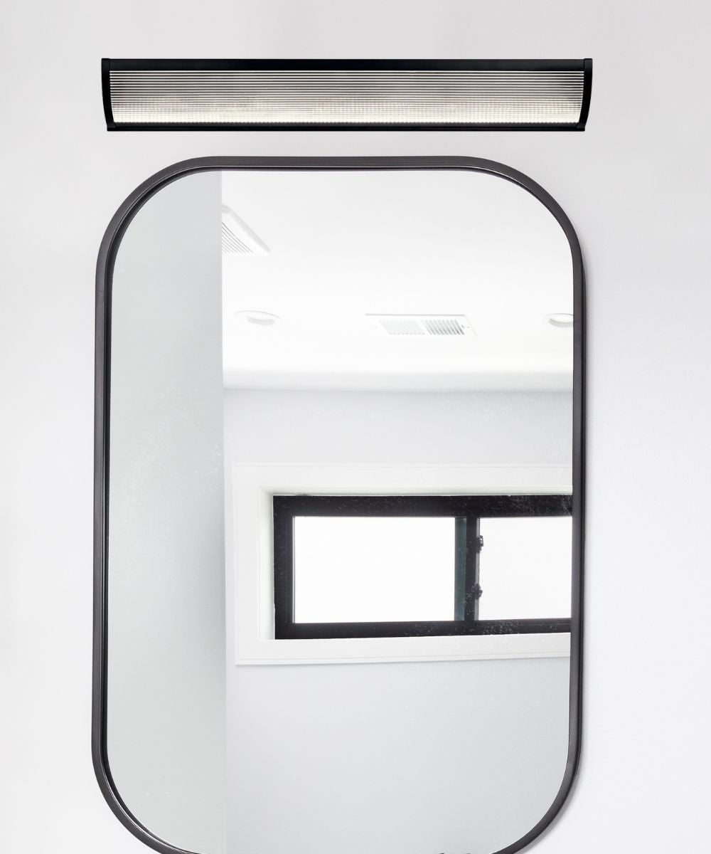 Roone 34"W 1-Light LED Vanity Bath Light Matte Black Finish, Clear Ribbed Shade by Kichler – LampsUSA, view 2