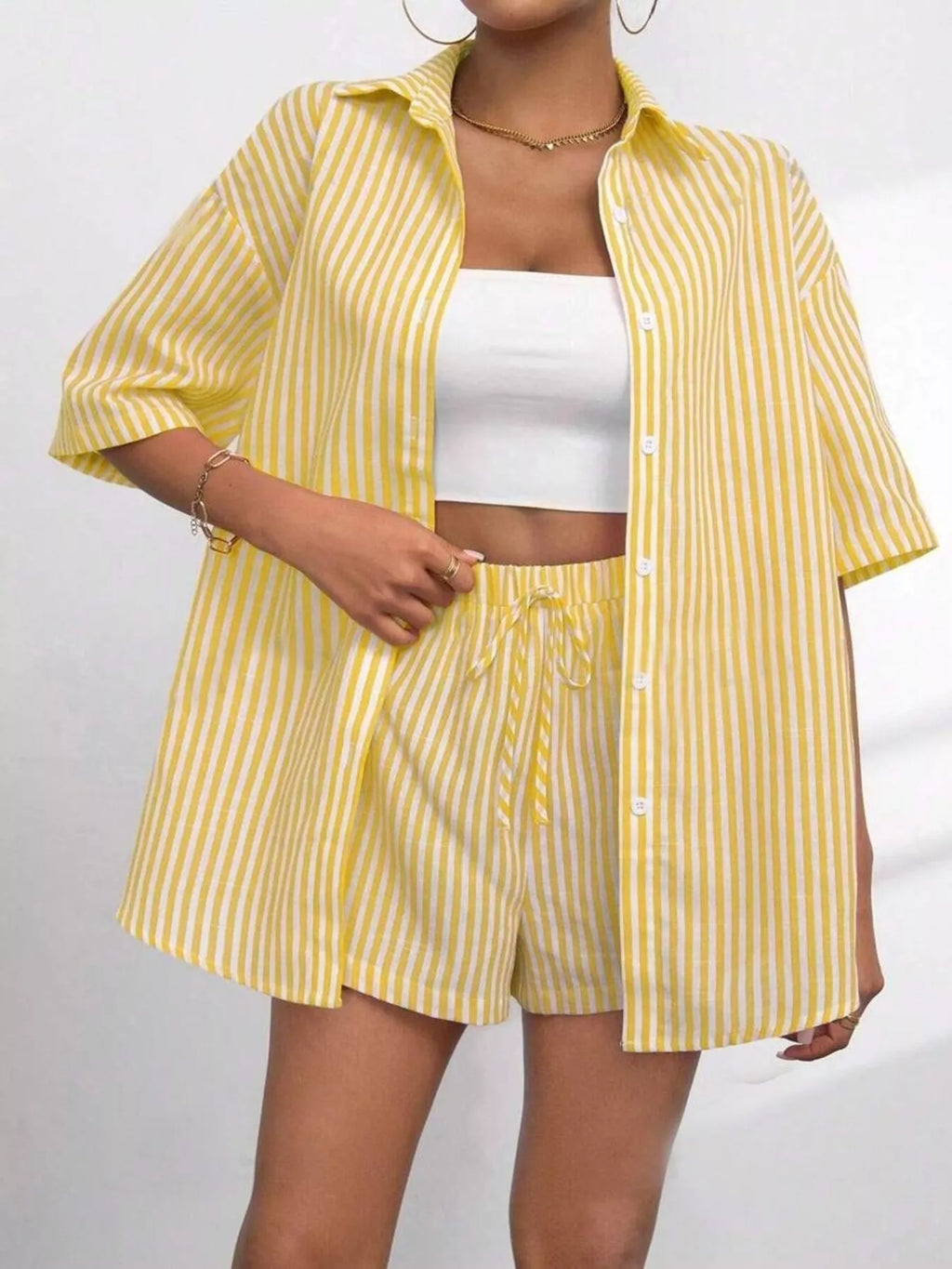 Striped Button Up Shirt and Shorts Casual Set
